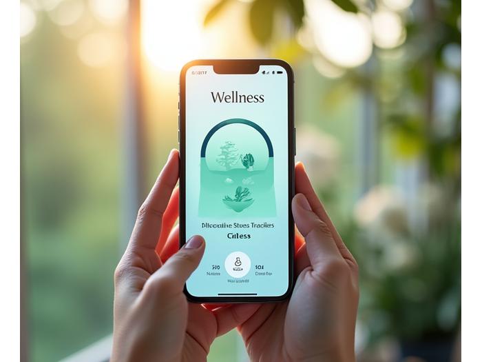 Interface utilisateur intuitive de la plateforme Lumière & Sens sur un appareil mobile, affichant des visualisations de suivi de stress et des exercices de pleine conscience.